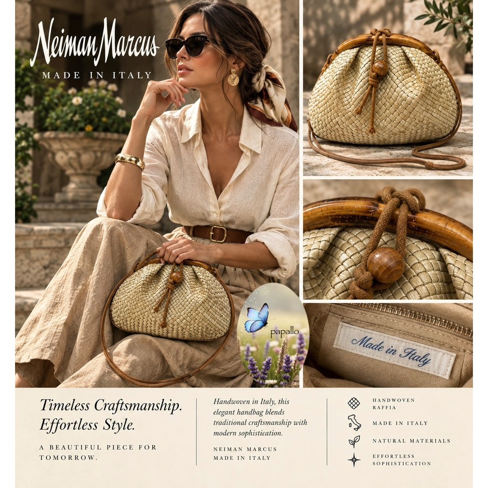 Neiman Marcus Handwoven Raffia Crossbody Bag Made in Italy Bamboo Frame Tan